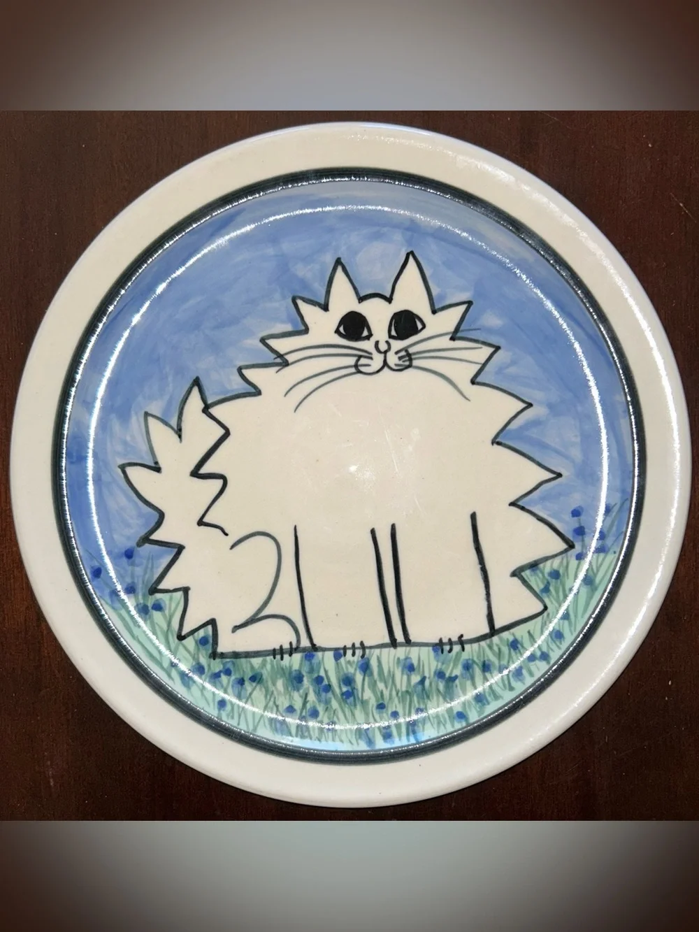 Karen Donleavy Fat White Cat Deluxe Pottery Plate 10.5” SIGNED